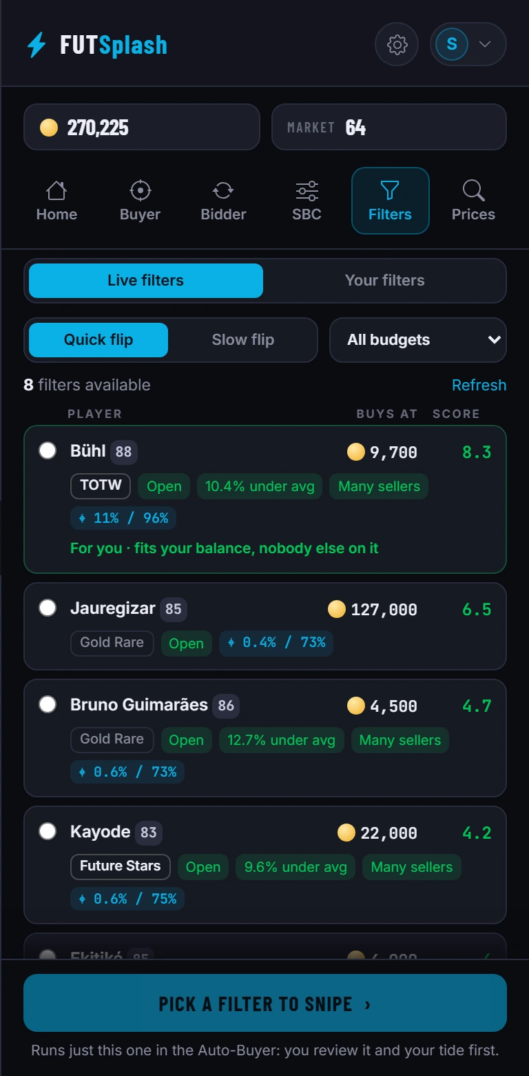 The Filters tab: live filters with their buy price, score, market tags and hit rate, the ones that fit your balance first