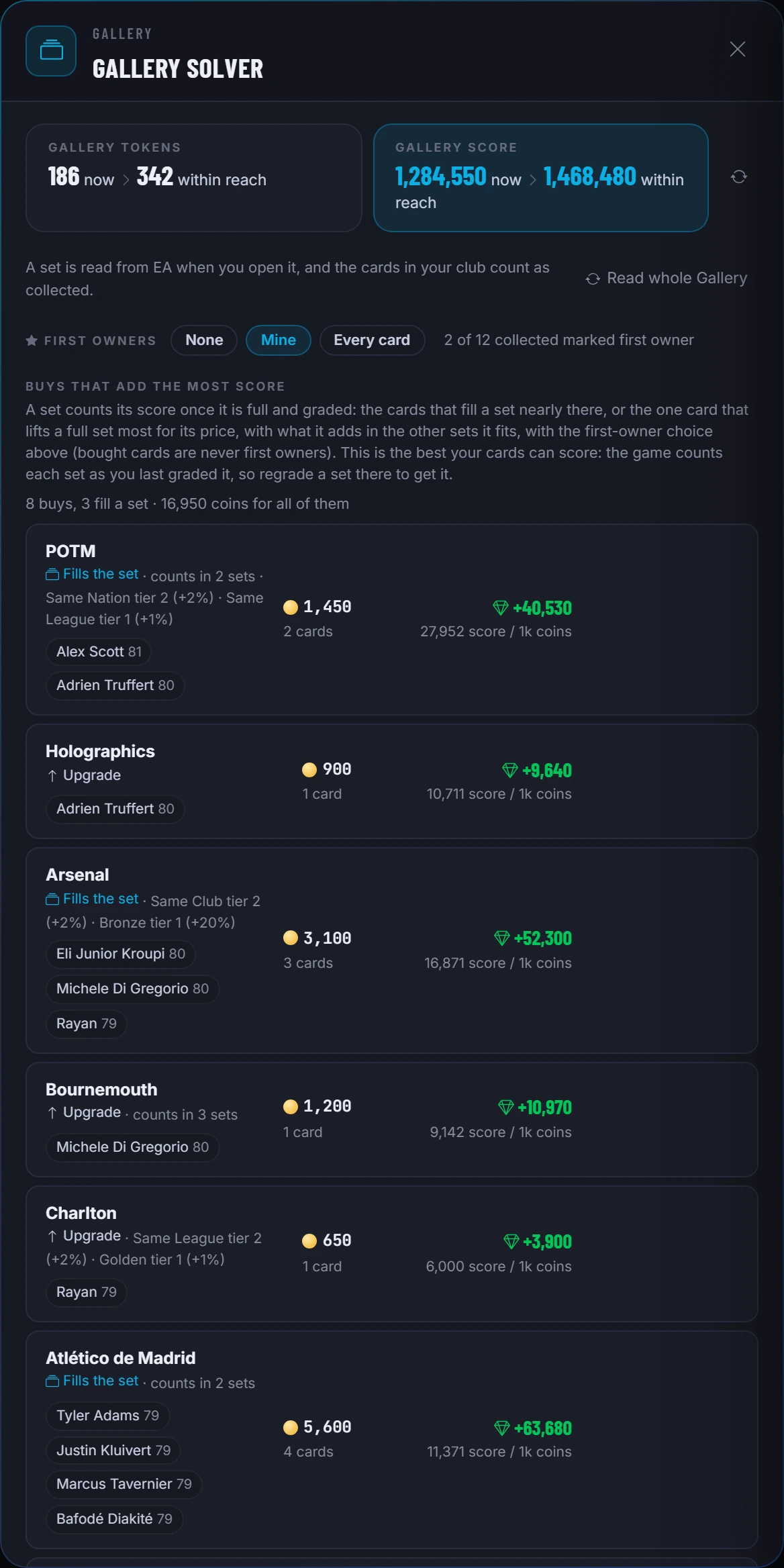 The Gallery home: tokens and score now and within reach, and the buys that add the most score